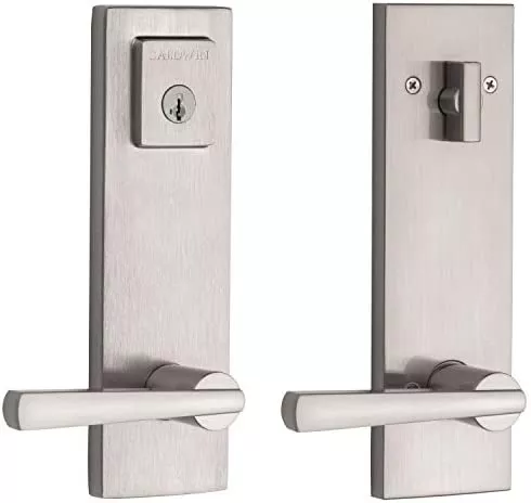 Baldwin Spyglass Single Cylinder Front Door Handleset Featuring SmartKey Security in Satin Nickel, Prestige Series with a Modern Contemporary Slim Door Handleset and Square Lever