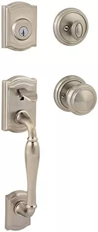 Baldwin Wesley Single Cylinder Front Door Handleset Featuring SmartKey Security in Satin Nickel, Prestige Series with Traditional Door Hardware and Carnaby Knob