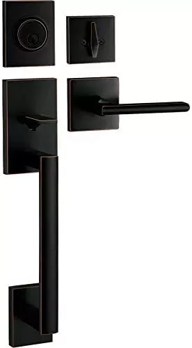 Berlin Modisch HandleSet Front Door Entry Handle and Deadbolt Lock Set Slim Square Single Cylinder Deadbolt and Lever Reversible for Right & Left Sided Doors Heavy Duty – Satin Nickel Finish