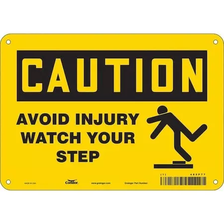 Caution, AVOID INJURY WATCH YOUR STEP, 10 in W x 7 in H, Vertical Rectangle, Polyethylene, 485P77