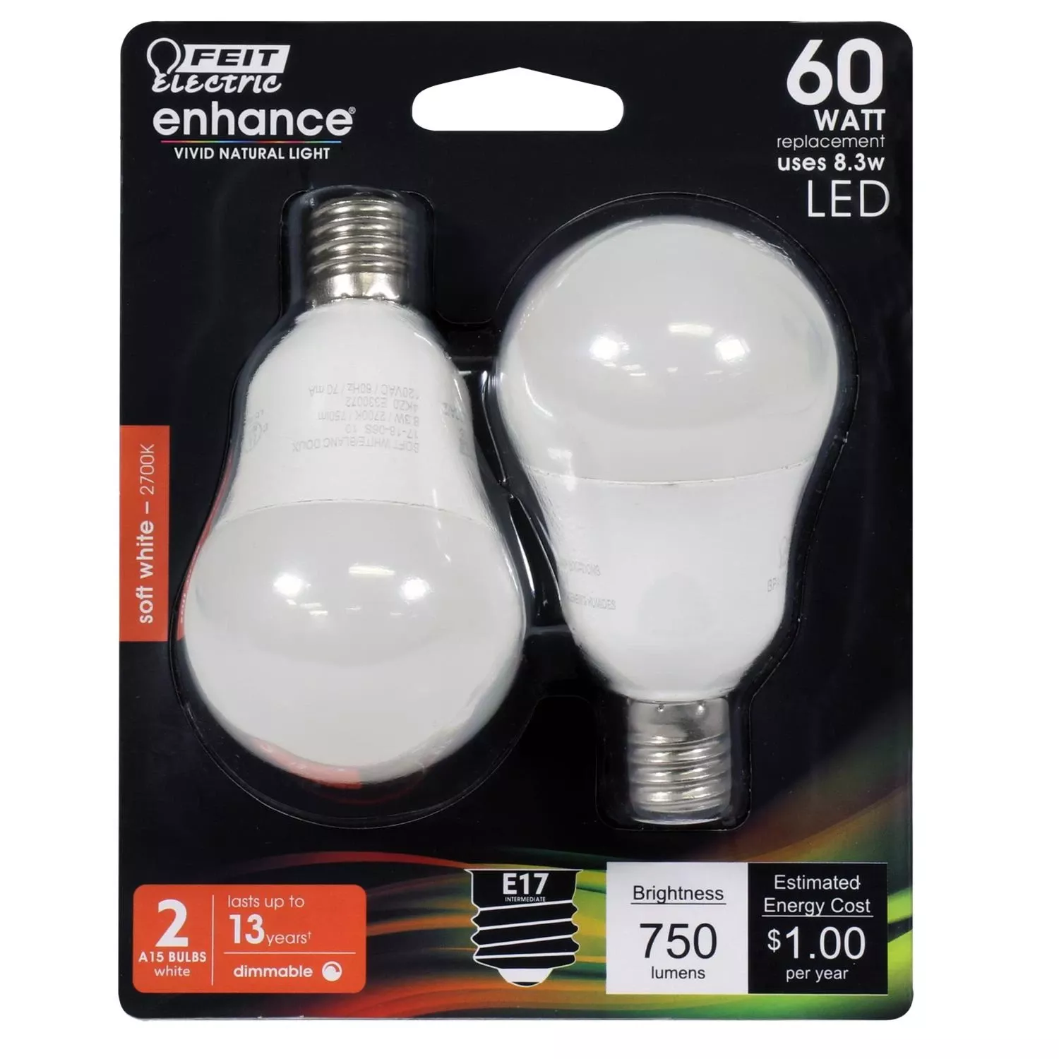 Feit Enhance A15 E17 (intermediate) Led Bulb Soft White 60 Watt Equivalence 2 Pk