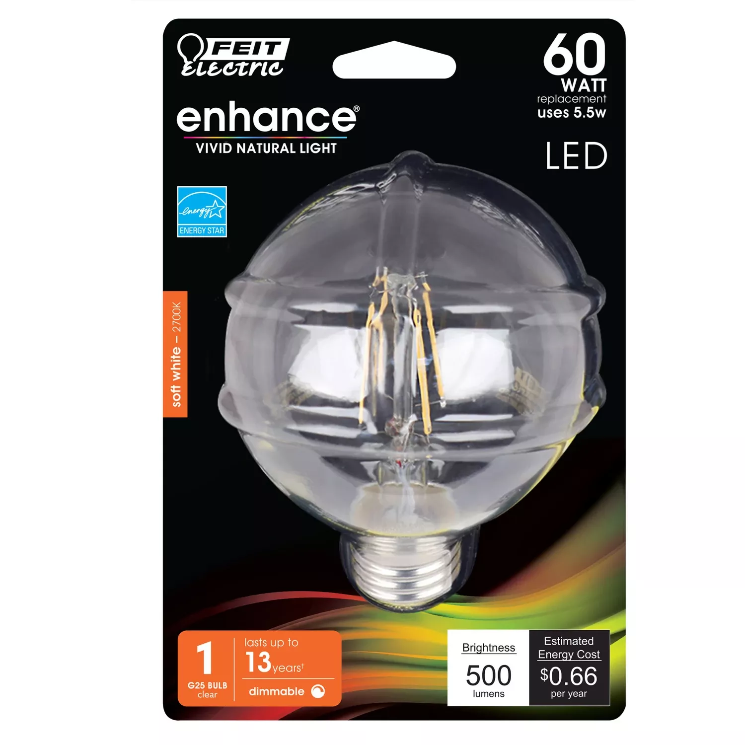 Feit Enhance G25 E26 (medium) Filament Led Bulb Soft White 60 Watt Equivalence 1 Pk