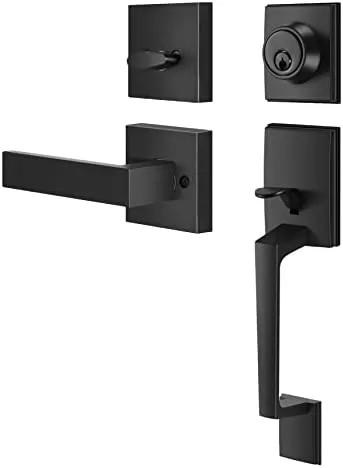 Front Door Handle Lock Set, Exterior Entry Door Handle Locksets with Single Cylinder Deadbolt, Door Handlesets with Latch Bolt and Interior Door Lever Reversible for Left / Right Handed (Matte Black)