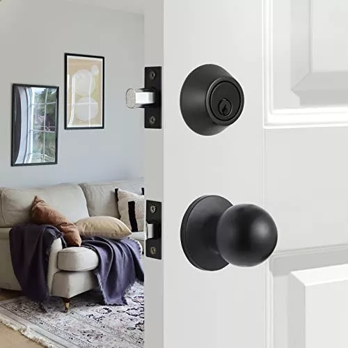GUA OYH Front Door Lock Set Matte Black Entry Door Handle Sets with Single Cylinder Deadbolt and Ball Knob, Heavy Duty Front Door Handleset Door Handles for Front Door or Office Door