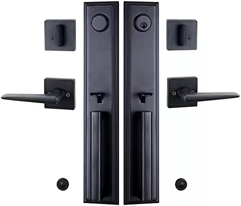 HISAFE Front Double Door Handle Set Right&Left Handed Front Door Handle with Deadbolt and Lever Heavy Duty X-201110B-SET