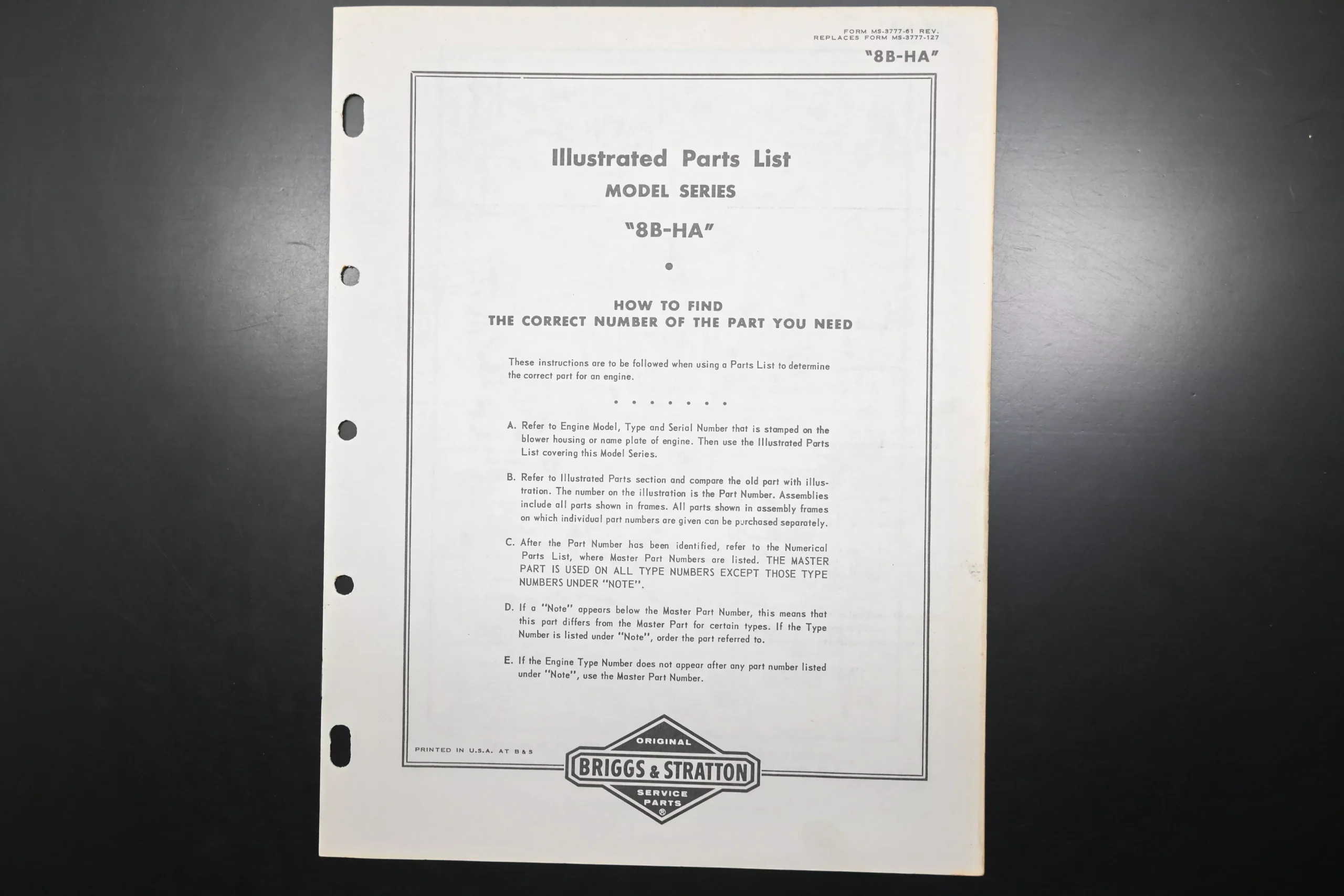 OEM Briggs & Stratton MS-3777-61 Model 8B-HA Parts List