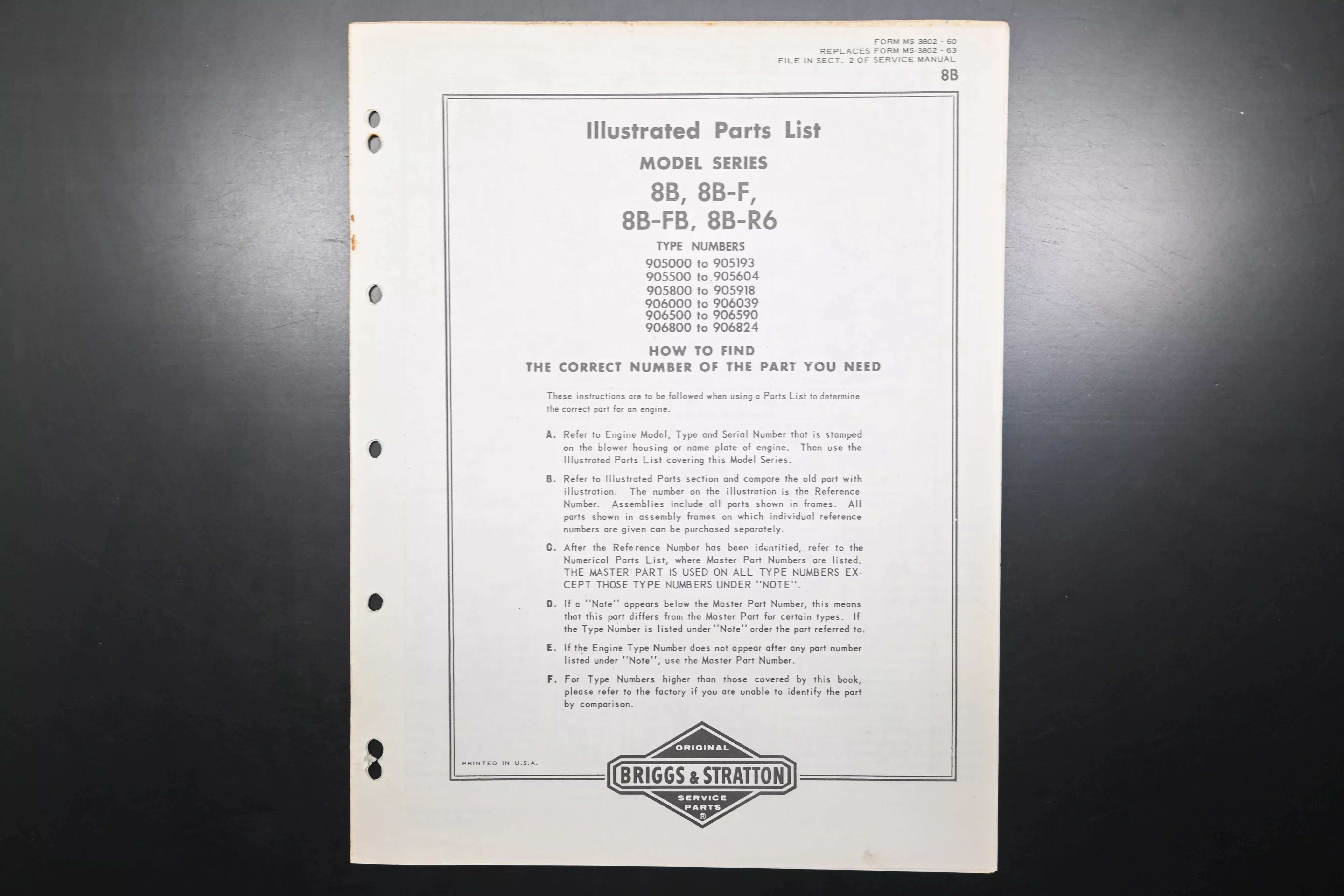 OEM Briggs & Stratton MS-3802-60 Model 8B Parts List