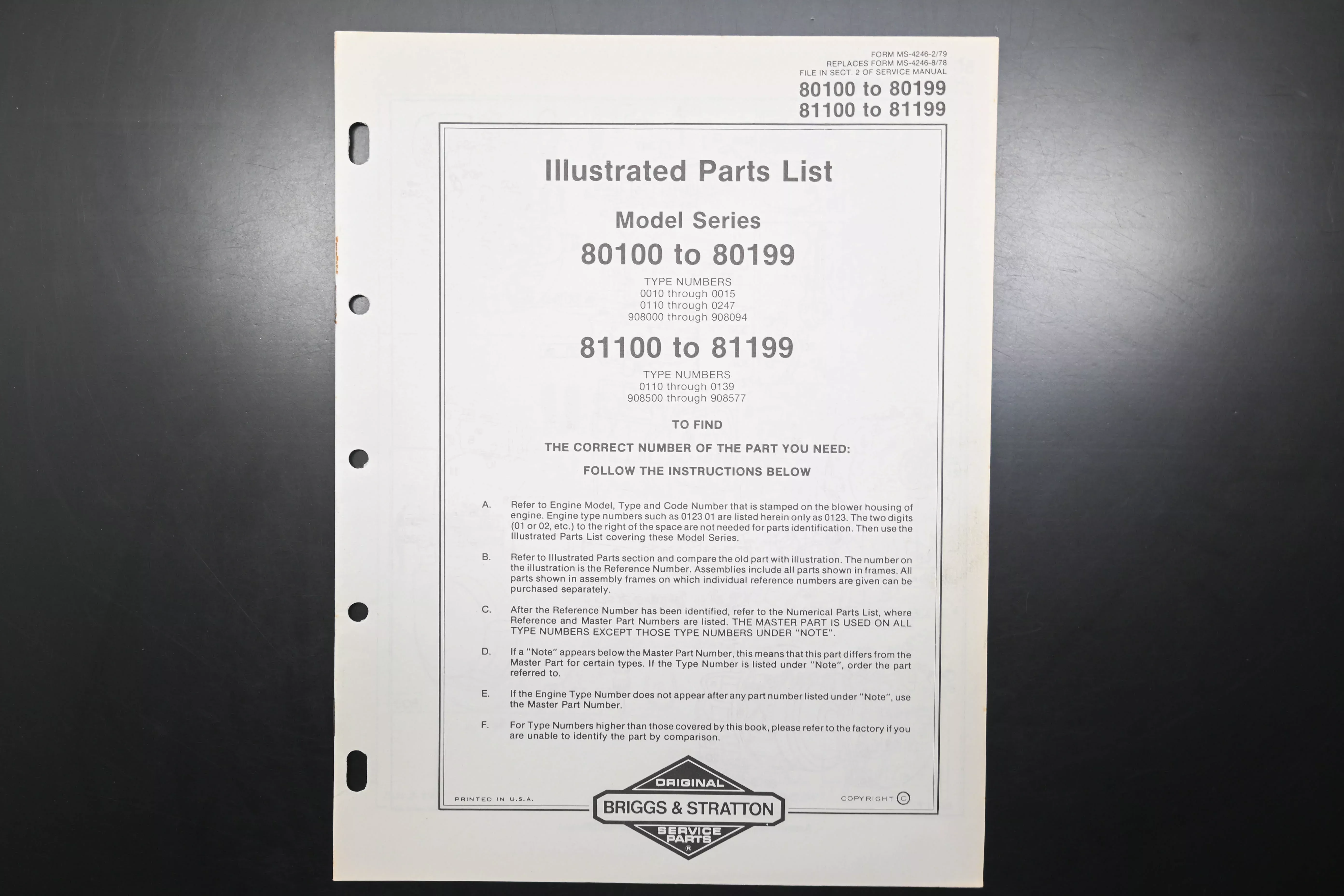 OEM Briggs & Stratton MS-4246-2/79 80100-80199 81100-81199 Parts List