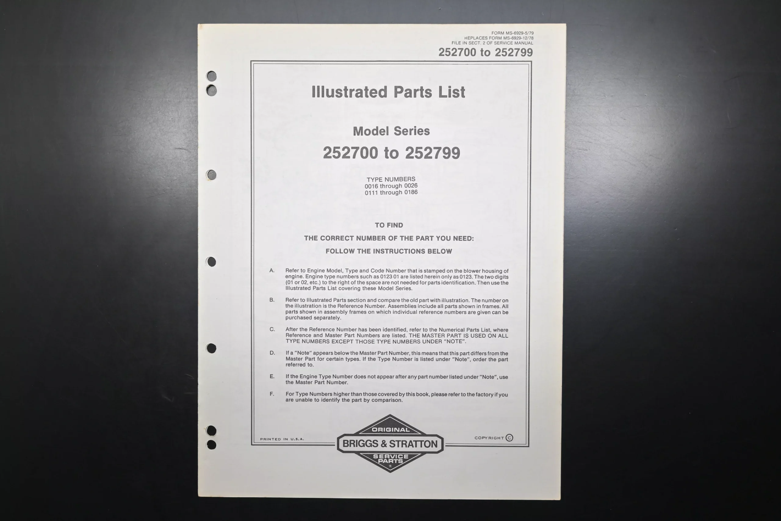 OEM Briggs & Stratton MS-6929-5/79 252700-252799 Parts List