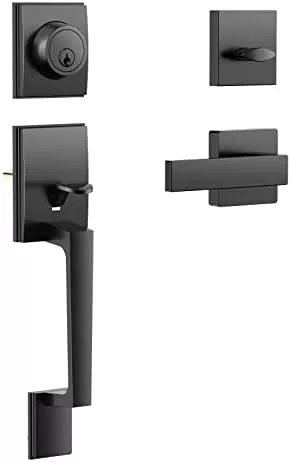 Roughshi Front Door Handle, Door Knob with Lever for Right and Left Handed, Interior Exterior Entry Handleset Single Cylinder Deadbolt Handle Set Matte Black