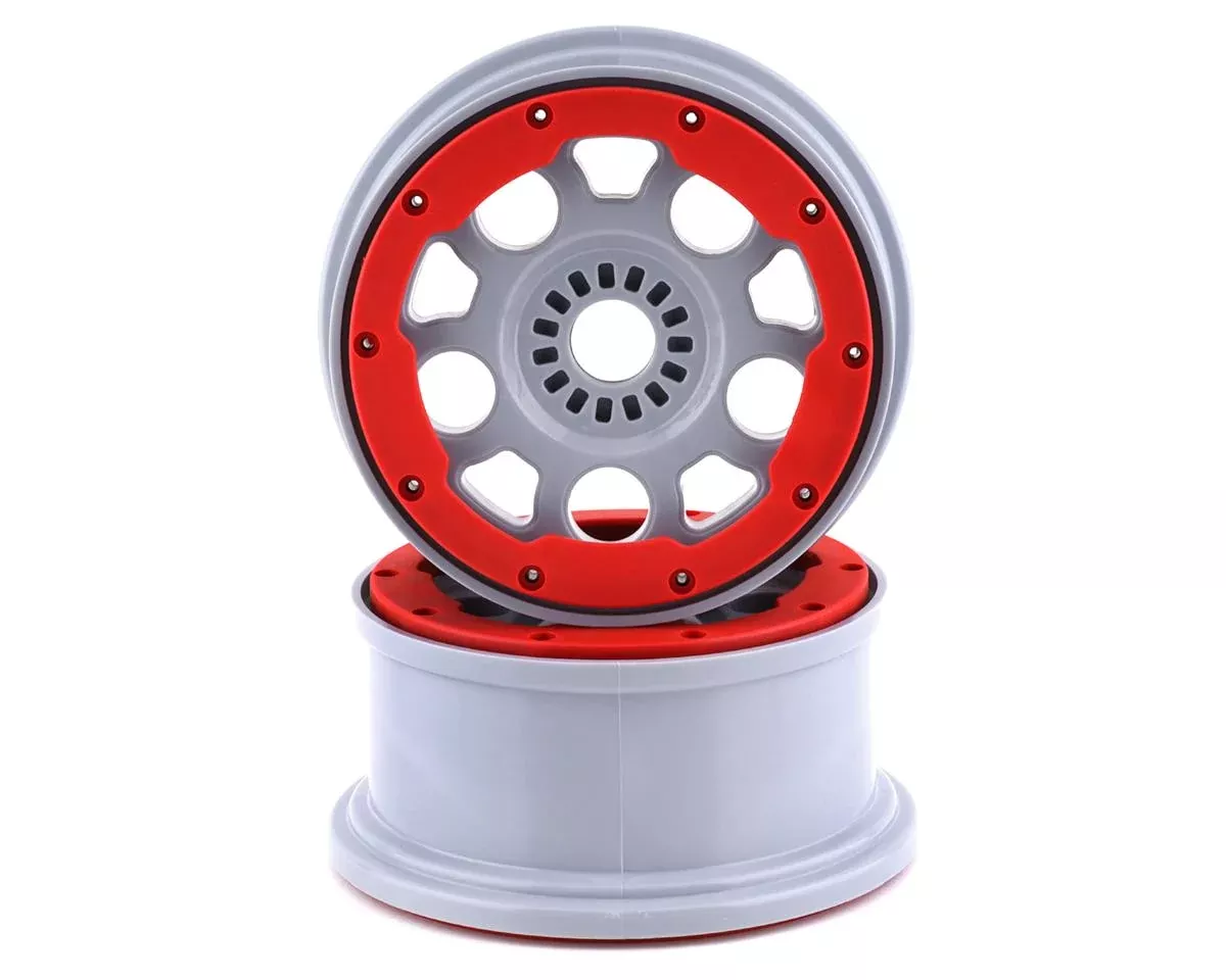 Silver Wheels with Red Beadlock Rings for DBXL-E 2.0 (2) (LOS45033)