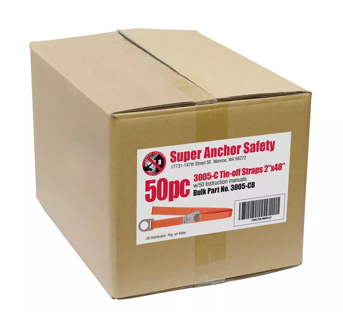 Super Anchor 48″ Tie Off Strap.D-Ring and Loop End.Safety Orange.50 Pieces. 3005-CB